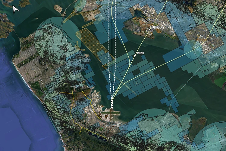 Aerial map showing flight paths with yellow route lines over coastal terrain with blue grid zones and navigation waypoints
