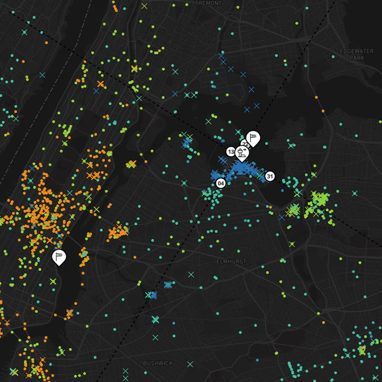 Dark map dashboard showing flight data with colored dots and markers across New York City area including Bushwick and