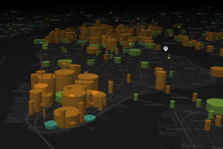 3D map visualization of New York City showing data columns of varying heights in orange and green representing aviation