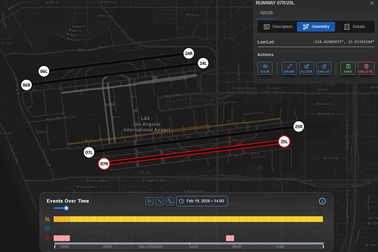 LAX airport map showing runway 07R/25L highlighted in red with geometry panel and events timeline displaying activity data