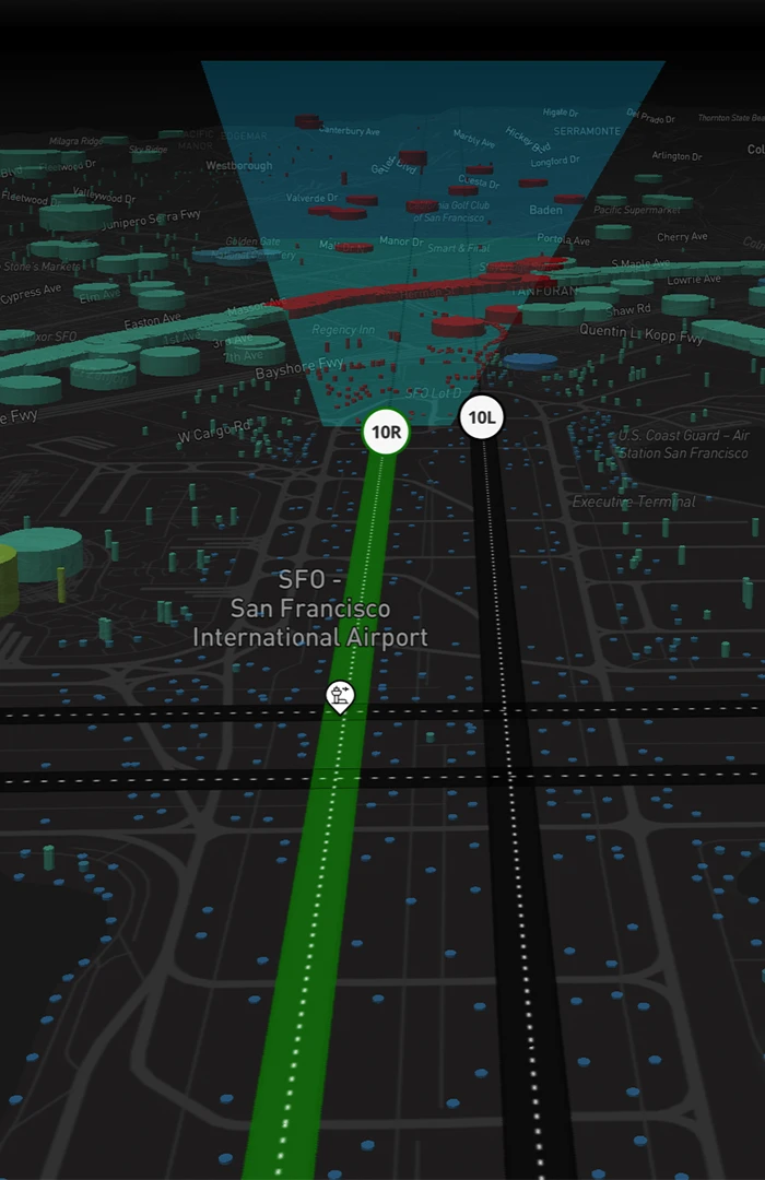 3D aerial view of SFO airport approach showing runways 10R and 10L with flight path visualization and surrounding terrain