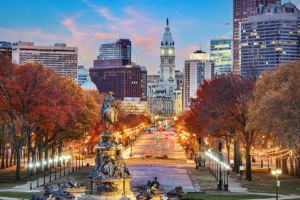 Philadelphia skyline at dusk during the 2026 ACI North America conference week