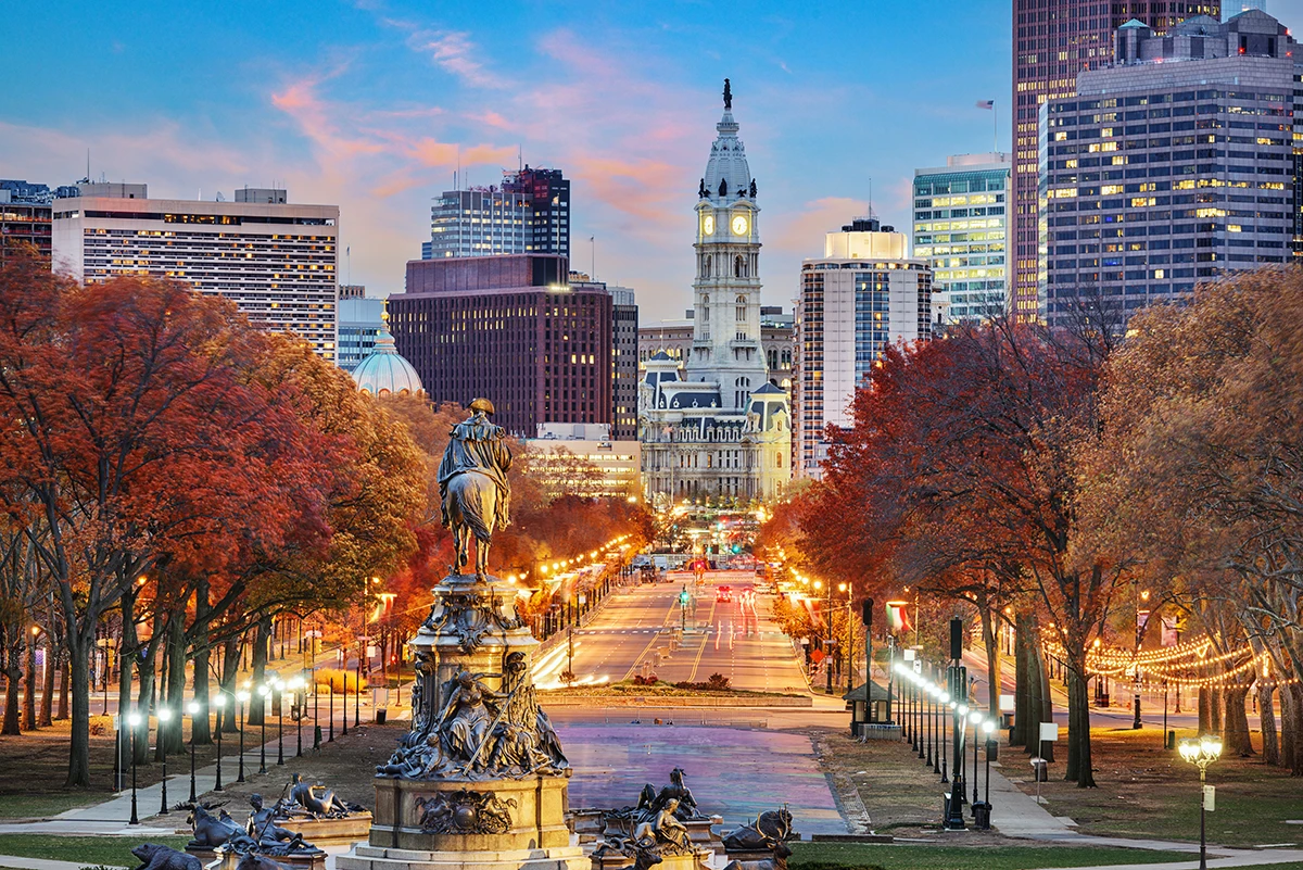 Philadelphia skyline at dusk during the 2026 ACI North America conference week